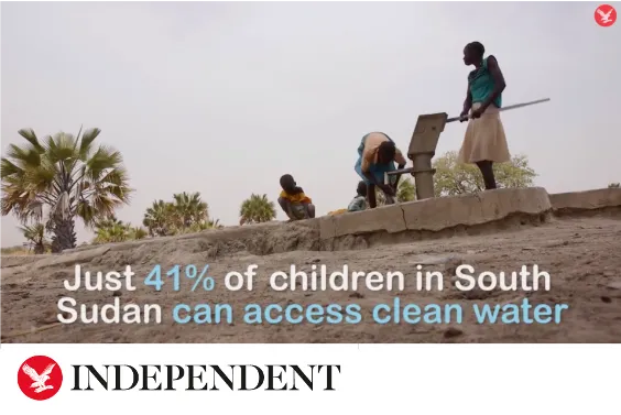 Independent headline with Sudan people in mud field - Just 41% of children in South Sudan can access clean water fact