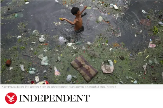 Independent news headline with child in dirty water